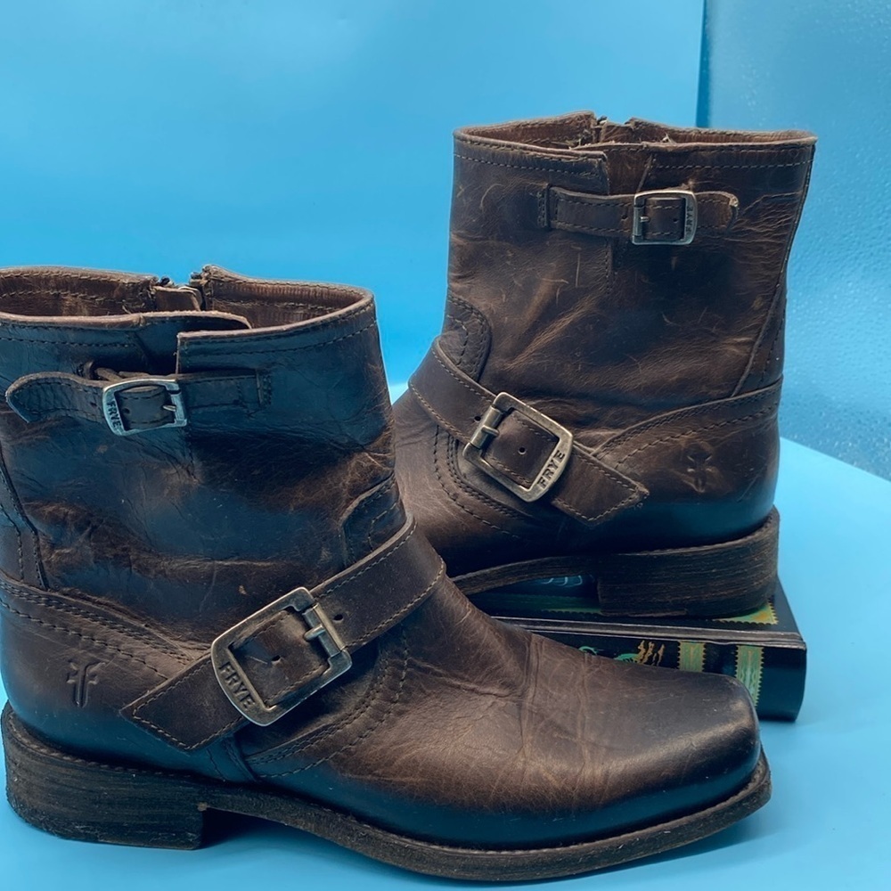 Frye Brown Leather Buckle Ankle Boots